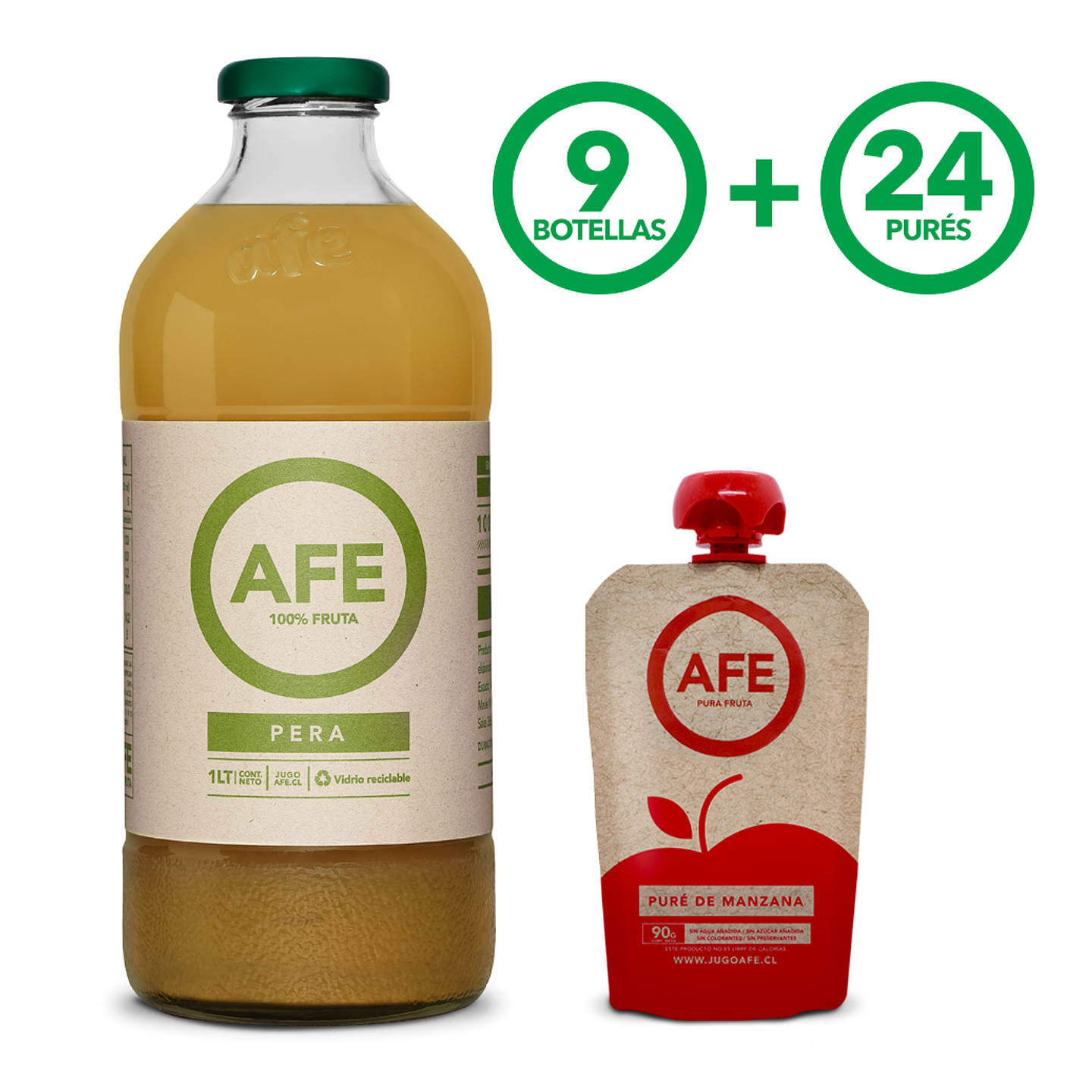 JUGO DE PERA: 9 BOTELLAS AFE 1 LITRO + 24 PURÉ DE MANZANA 1