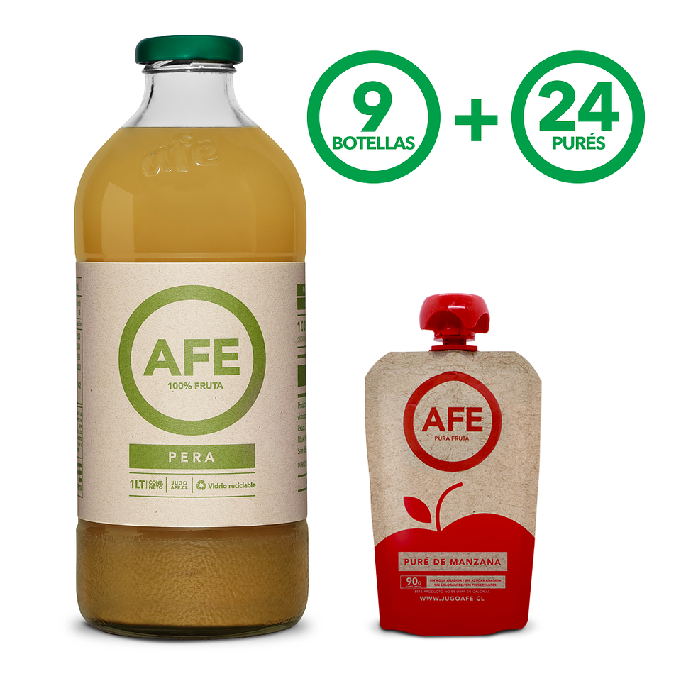 JUGO DE PERA: 9 BOTELLAS AFE 1 LITRO + 24 PURÉ DE MANZANA 1
