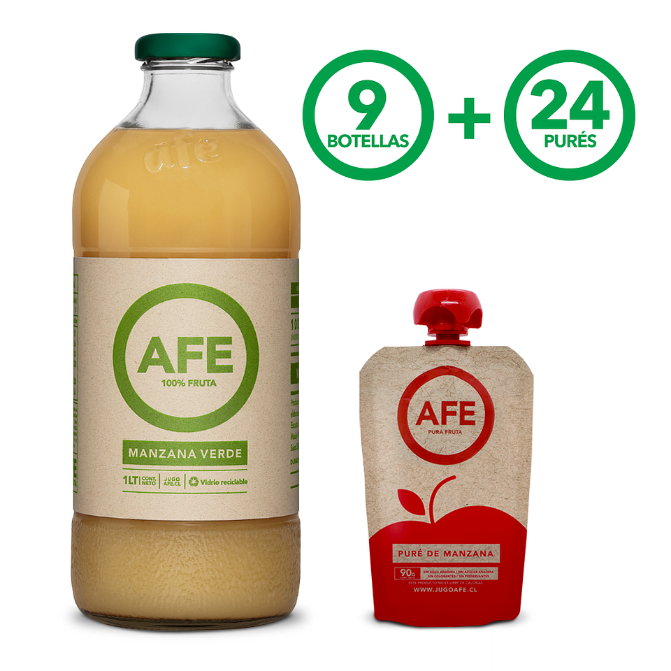 JUGO DE MANZANA VERDE: 9 BOTELLAS AFE 1 LITRO + 24 PURÉ DE MANZANA 1