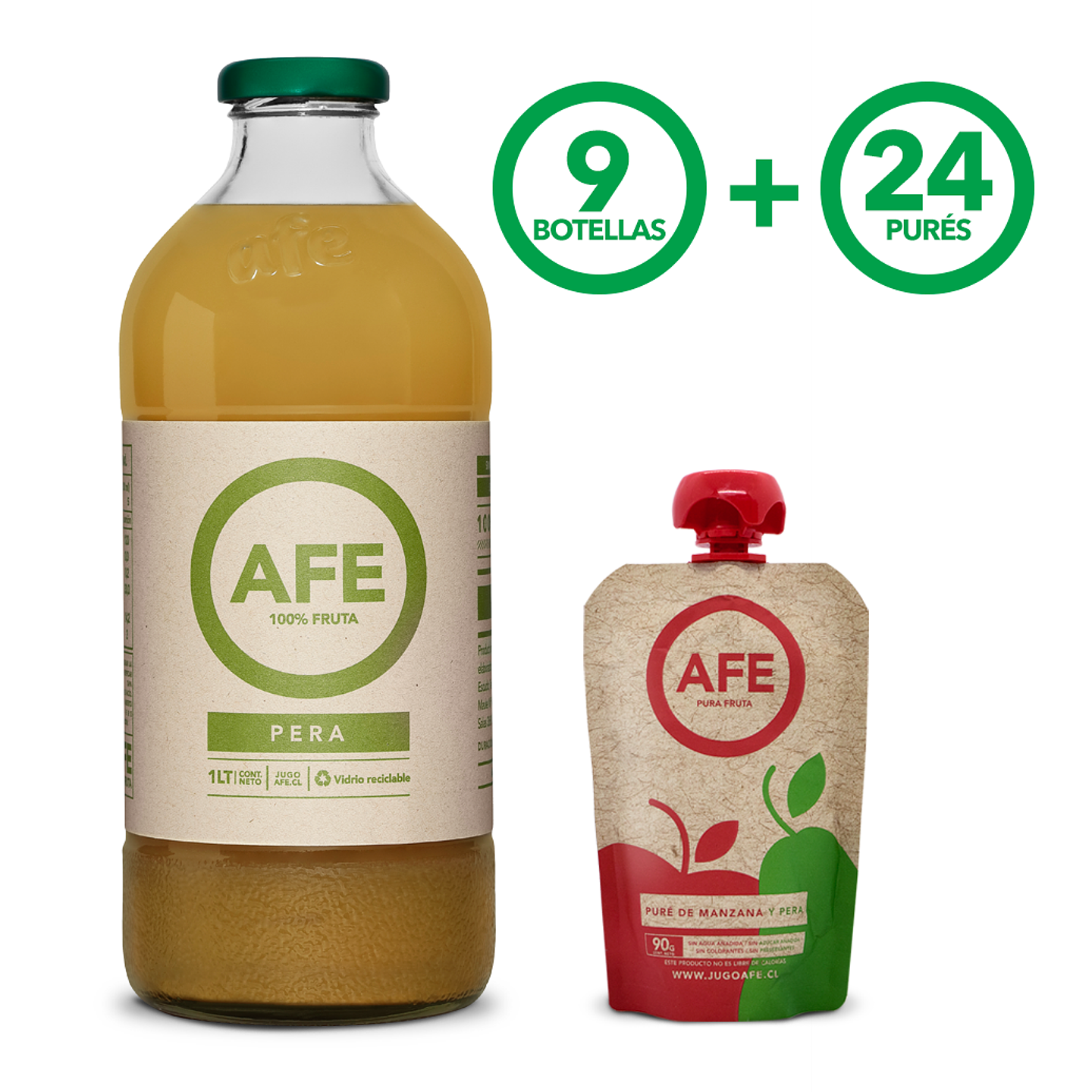 JUGO DE PERA: 9 BOTELLAS AFE 1 LITRO + 24 PURÉ DE MANZANA Y PERA 1