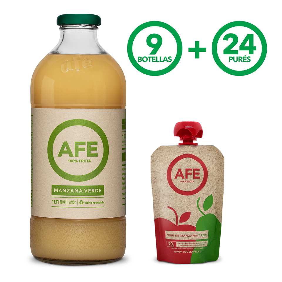 JUGO DE MANZANA VERDE: 9 BOTELLAS AFE 1 LITRO + 24 PURÉ DE MANZANA Y PERA 1