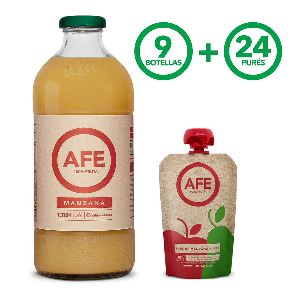 JUGO DE MANZANA ROJA: 9 BOTELLAS AFE 1 LITRO + 24 PURÉ DE MANZANA Y PERA 1