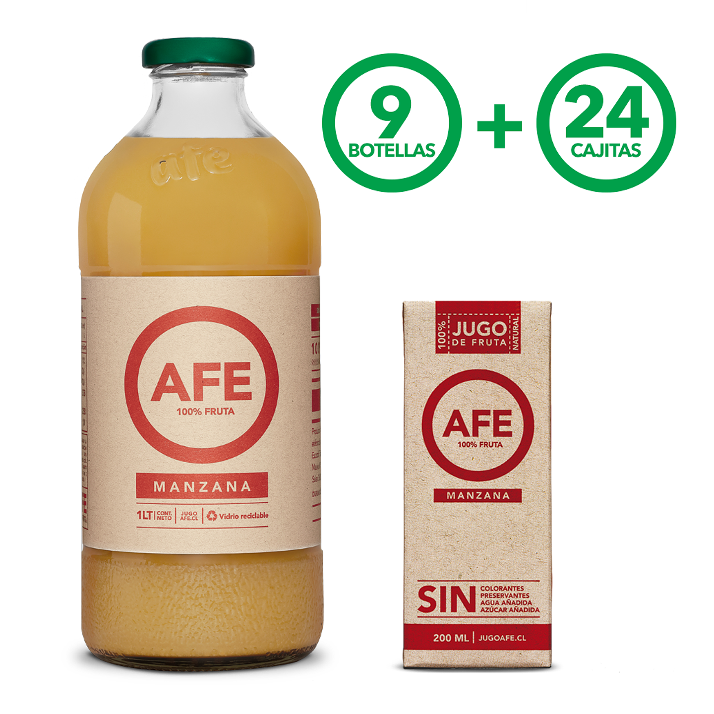 JUGO DE MANZANA ROJA: 9 BOTELLAS AFE 1 LITRO + 24 TETRA PACK MANZANA ROJA 1