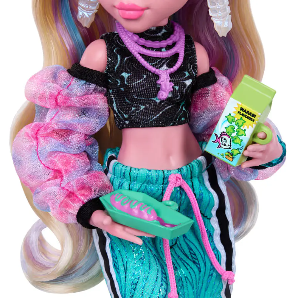 Muñeca Monster High Lagoona Blue con falda larga, mascota Neptuna y 7 accesorios.