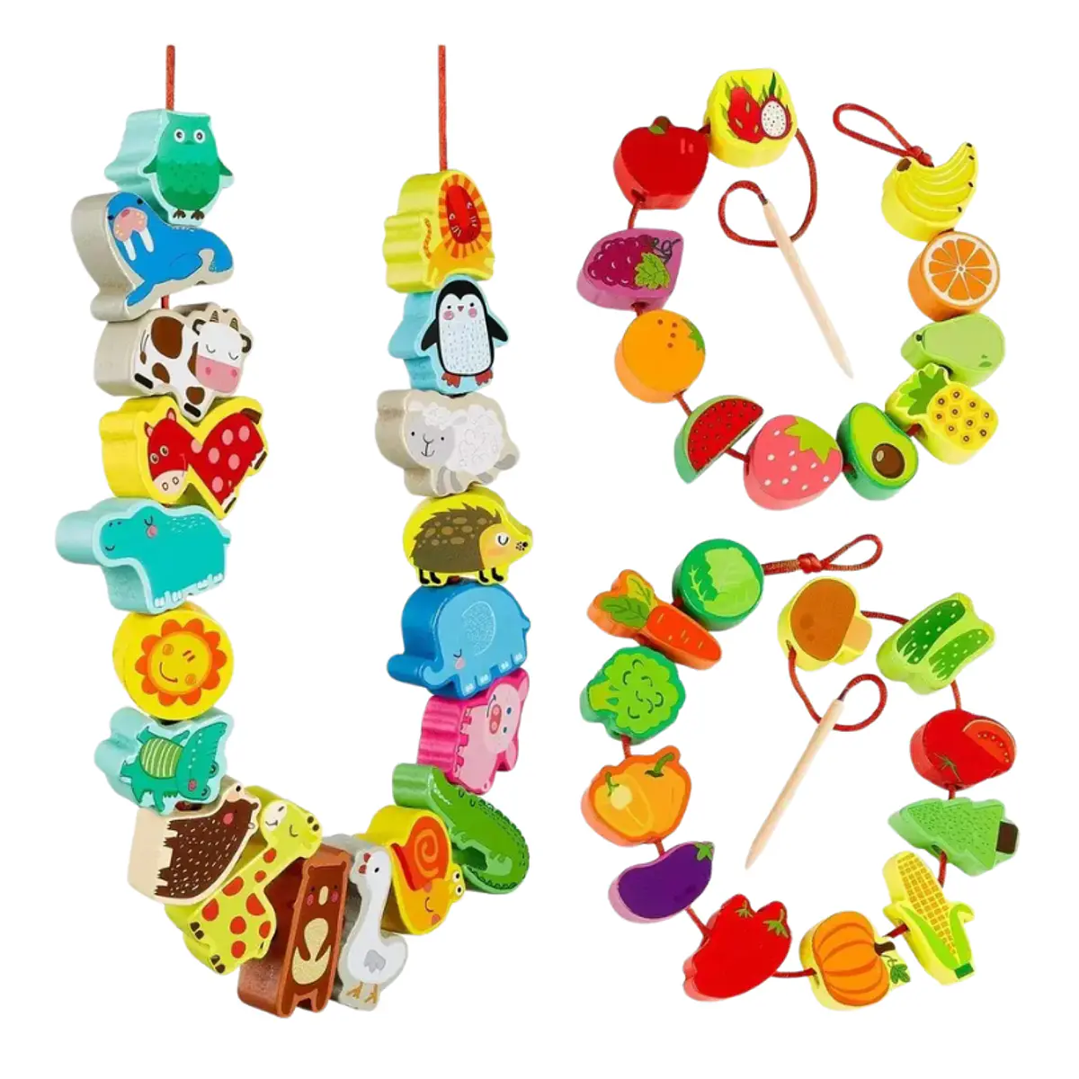 Goujfol Juego De Enhebrar De Madera – 42 Piezas Con Formas De Animales Y Frutas – Montessori Para Niños De 3 Años O Más