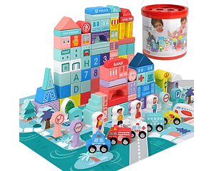 Balde Ciudad Bloques Construcción Madera 100 Piezas