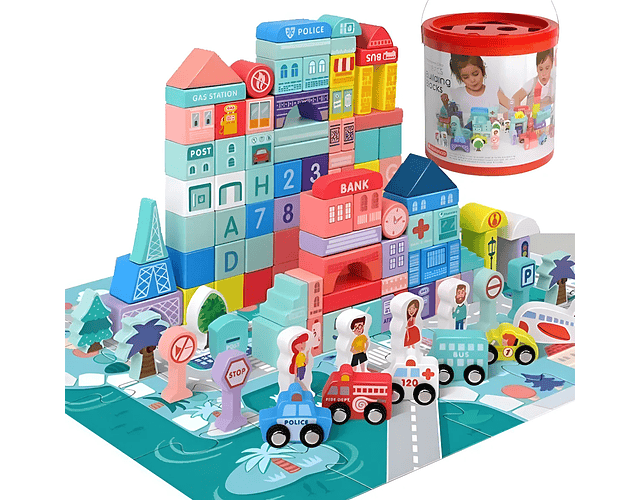 Balde Ciudad Bloques Construcción Madera 100 Piezas