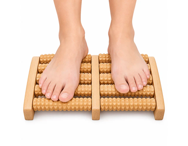 Masajeador de pies de madera, 6 hileras de rodillos