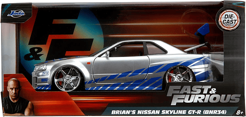 Jada 1:24 2002 Nissan Skyline GT-R R34  - Candy Silver W/Blue Stripes 
