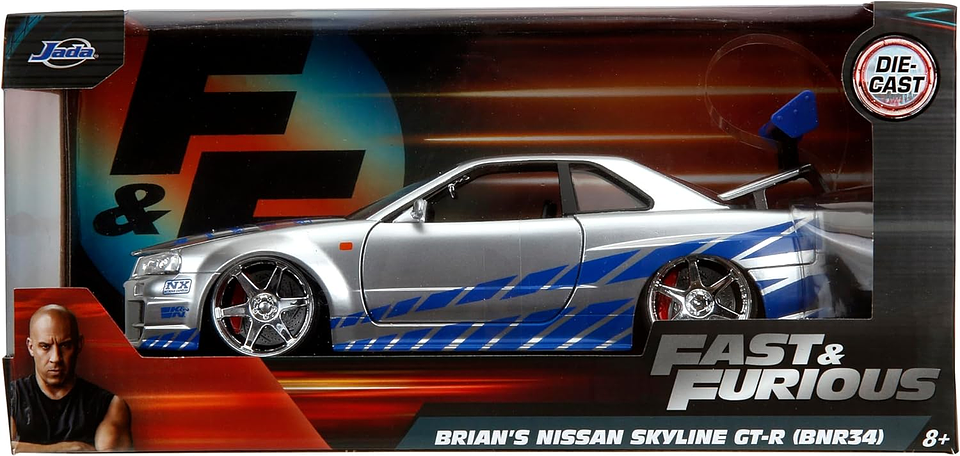 Jada 1:24 2002 Nissan Skyline GT-R R34  - Candy Silver W/Blue Stripes  1
