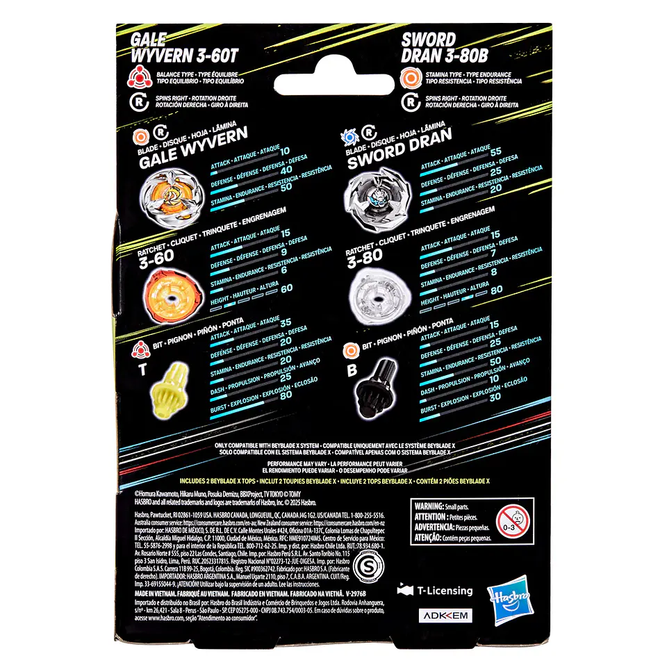 Beyblade X Duo Gale Wyvern 3-60T y Sword Dran 3-80B 3