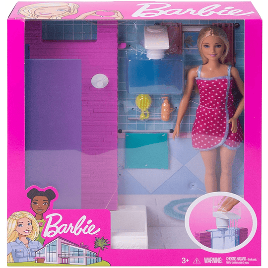 Barbie Muñeca con muebles de baño y accesorios