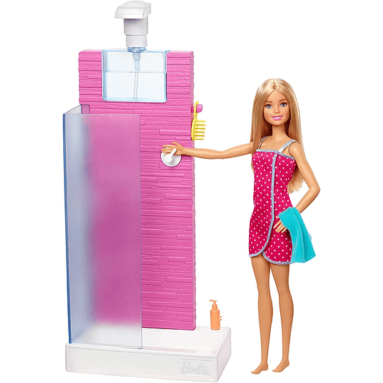 Barbie Muñeca con muebles de baño y accesorios