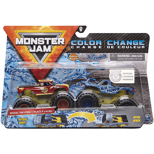 Radical Rescue y Blue Thunder Monster Jam 2020 - Escala de cambio de color 1:64 paquete de 2