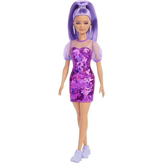  Barbie Fashionista con pelo morado, vestido con estilo monocromático