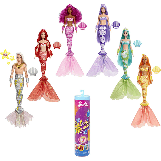  Barbie Muñeca Sirena Color Reveal - Serie Sirenas Arcoíris - 7 Sorpresas