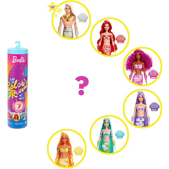  Barbie Muñeca Sirena Color Reveal - Serie Sirenas Arcoíris - 7 Sorpresas