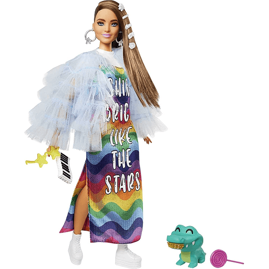  Barbie Extra con vestido arcoiris, accesorios de moda y mascota