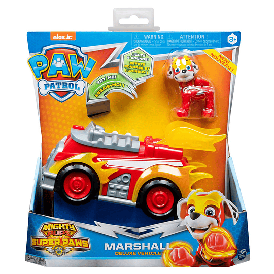 Paw Patrol Marshall Mighty Pups Super Paws vehículo de lujo con luces y sonidos