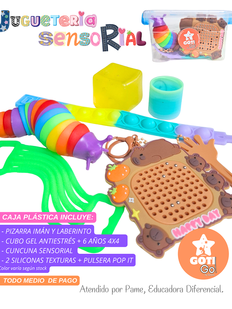 Caja sensorial pizarra imán + cubo gel + cuncuna + siliconas + pulsera pop it 1