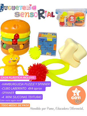 Caja sensorial hamburguesa puzzle + cubo laberinto + spinner + mini siliconas texturizadas