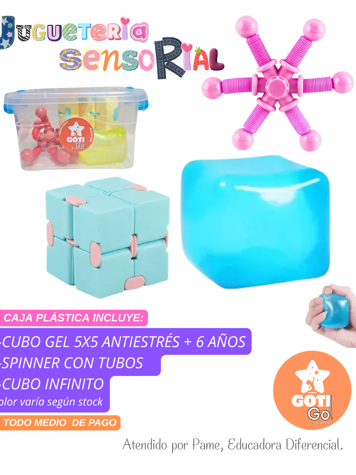 Caja sensorial cubo gel + spinner con tubos + cubo infinito 1