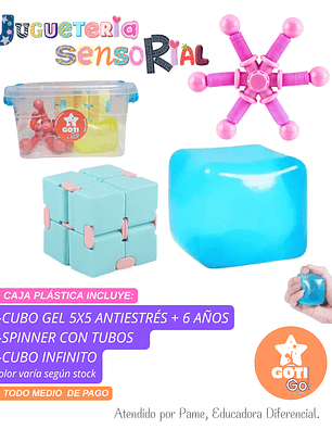 Caja sensorial cubo gel + spinner con tubos + cubo infinito