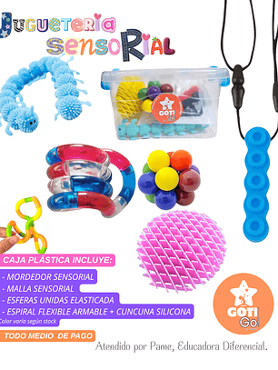 Caja sensorial mordedor + malla sensorial + esferas + espiral + cuncuna silicona