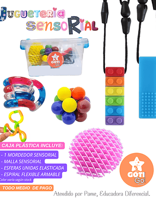 Caja sensorial mordedor + malla sensorial + esferas + espiral flexible