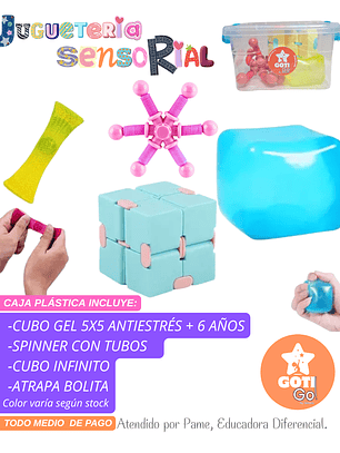 Caja sensorial cubo gel + spinner con tubos + cubo infinito+ atrapa bolita