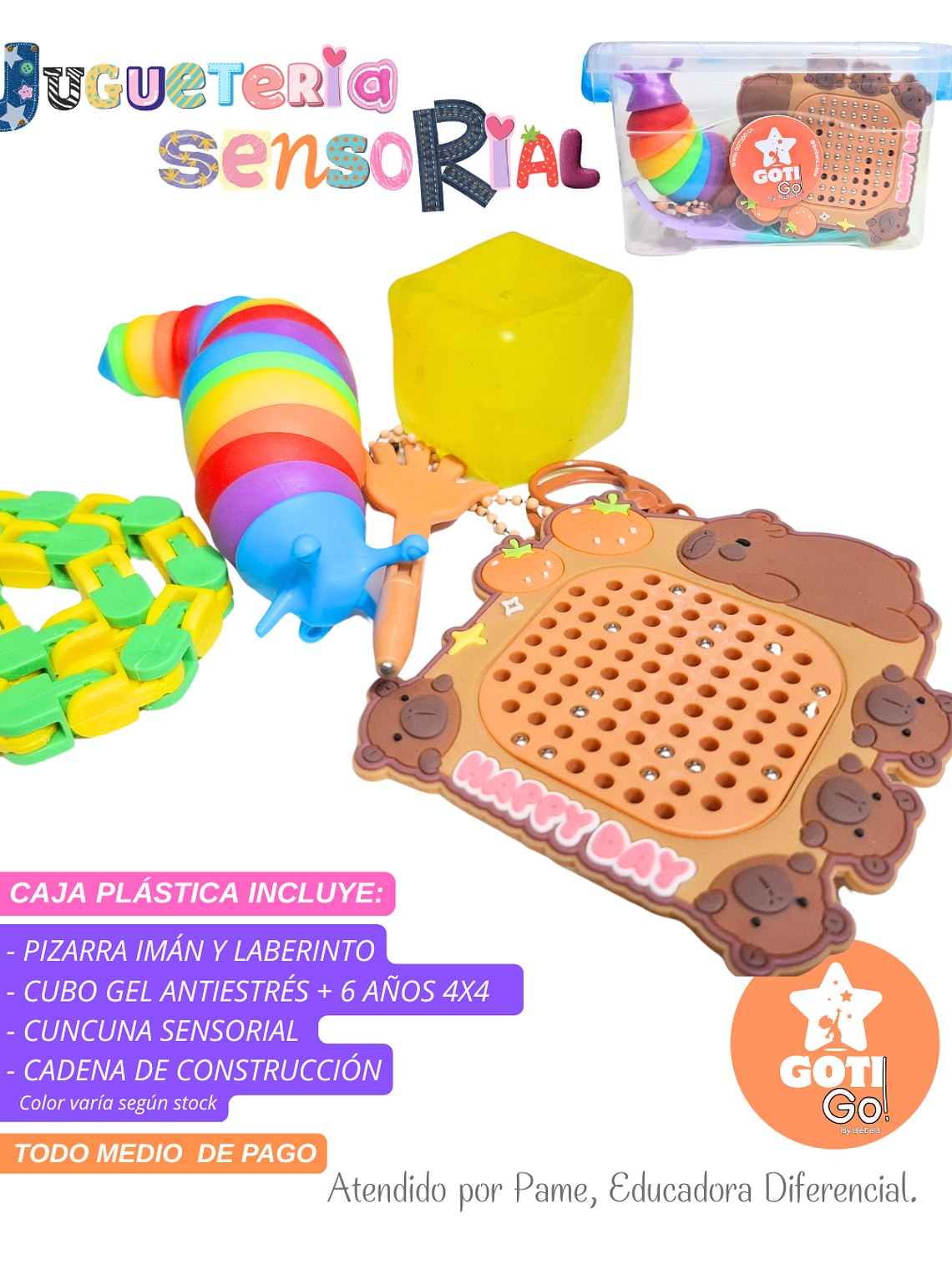 Caja sensorial pizarra laberinto imán + cuncuna calma + cubo gel + cadena construcción 1