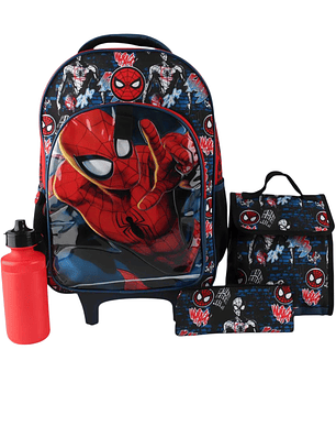 Spiderman Pack Mochila Ruedas + Lonchera + Estuche + Botella