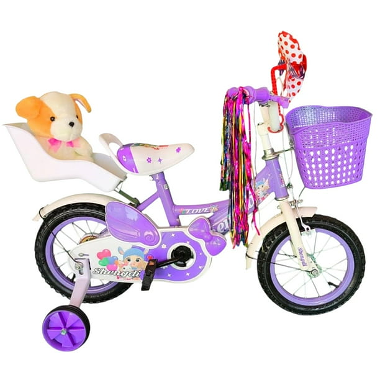 Bicicleta Aro 12 Infantil Con Peluchero Lila Shengdi 2