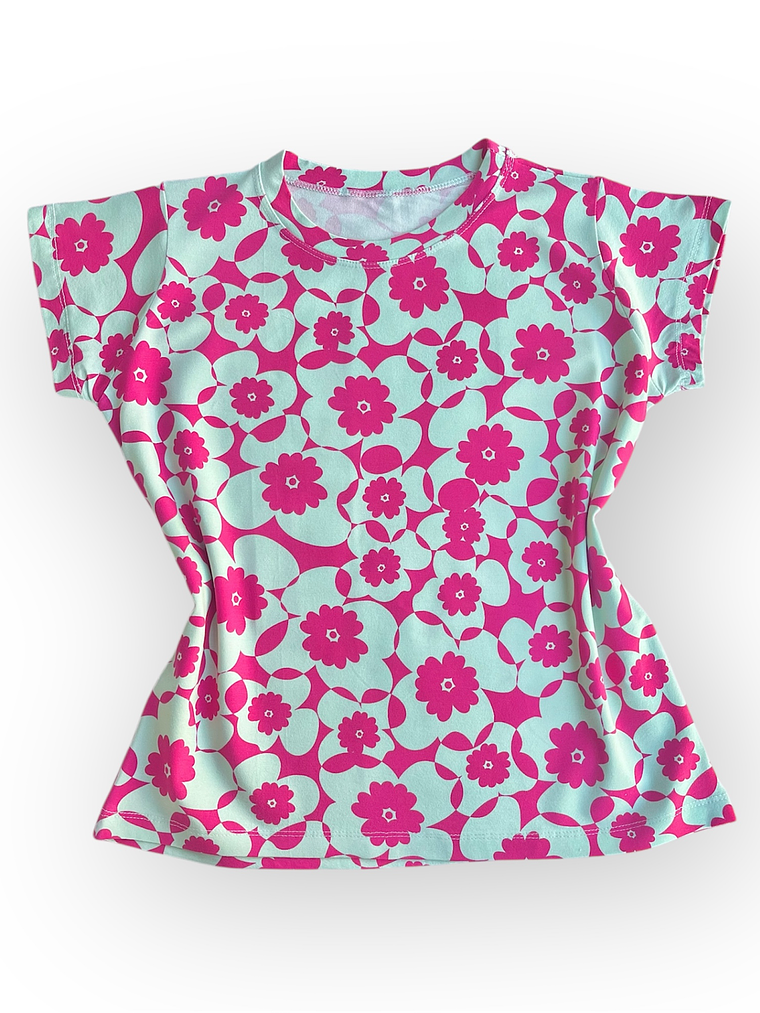 Polera Floripa (Twist Flowers) – Celeste con Fucsia 1