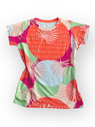 Polera Floripa (Amazonic Mist) – Coral con Celeste, Verde y Fucsia