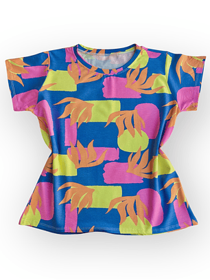 Polera Floripa (Amazonic Mist) – Azul con Verde Lima, Rosado y Naranjo