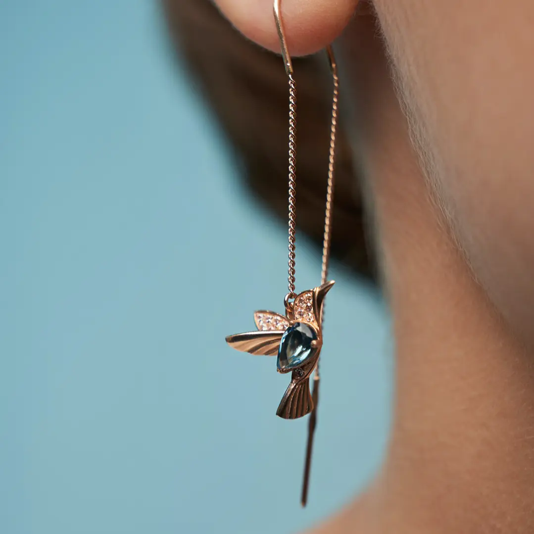 Rose gold earrings with hummingbird pendant 1