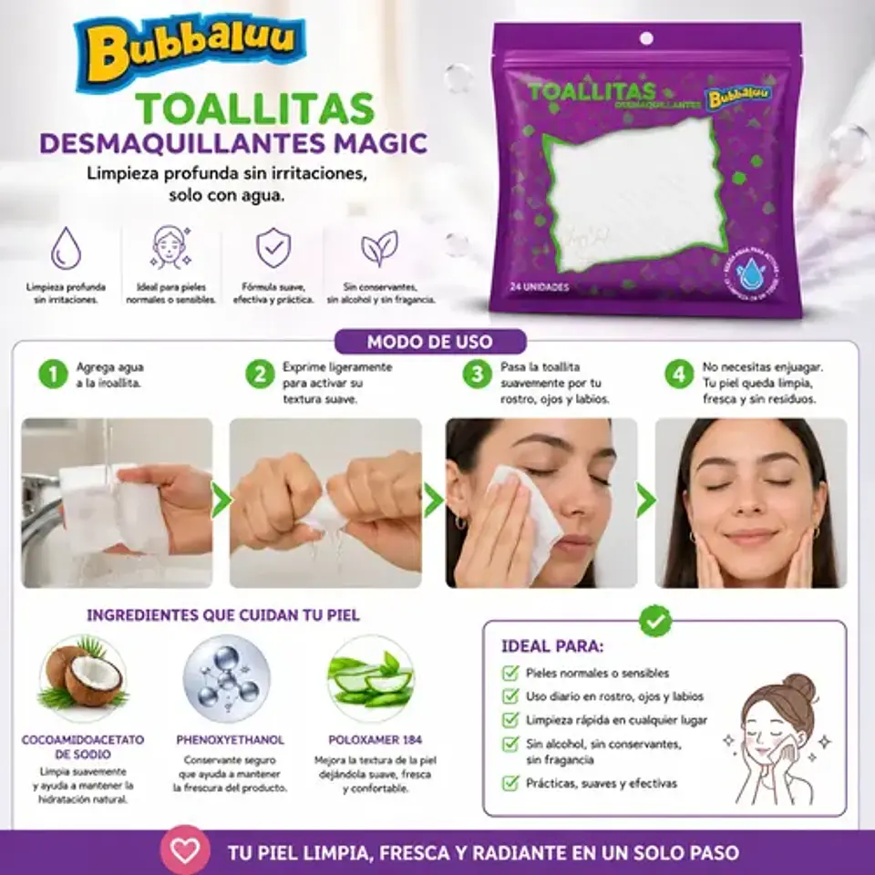 Toallas Desmaquillantes Faciales Bubbaluu Magic 24un 3