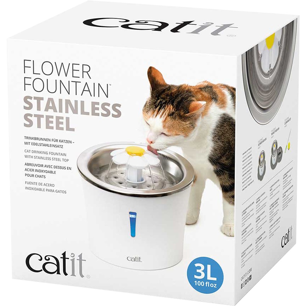 Catit Flower Fountain LED Acero Inoxidable, Fuente Bebedera para Gatos, Capacidad 3 lt