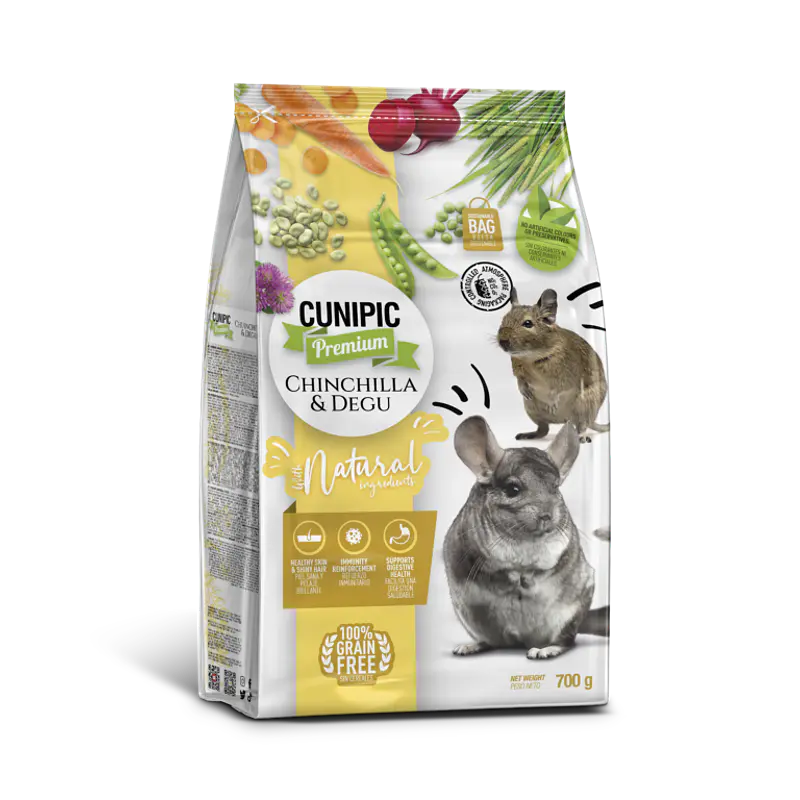 Chinchilla junto a un alimento premium para chinchilla y degú