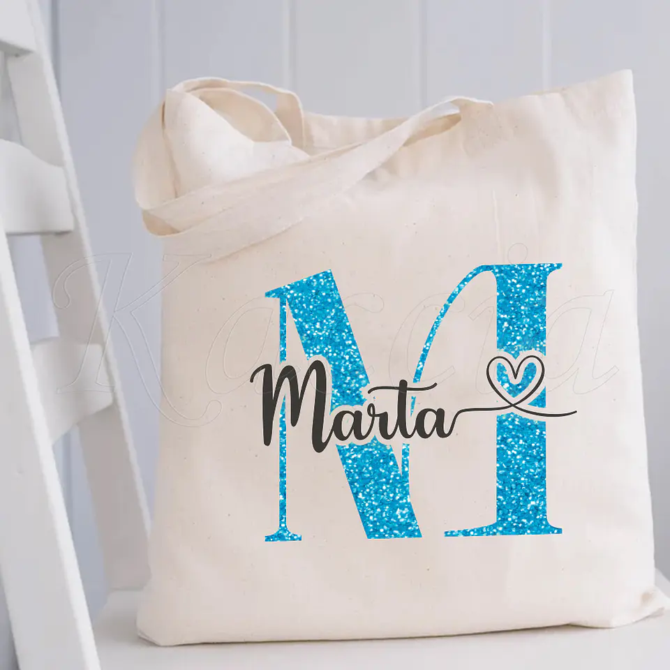 Saco Tote Bag Personalizado Inicial Glitter Azul 4
