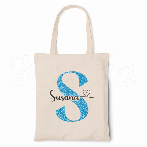 Saco Tote Bag Personalizado Inicial Glitter Azul