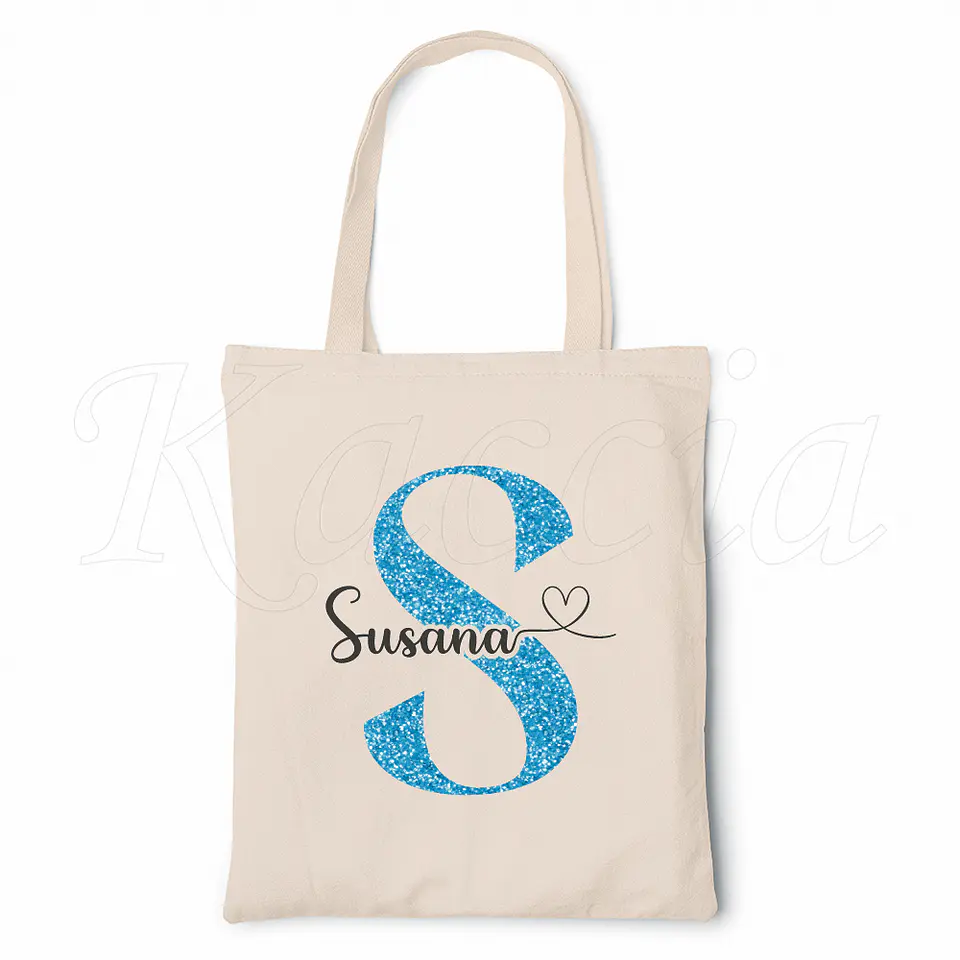Saco Tote Bag Personalizado Inicial Glitter Azul 2