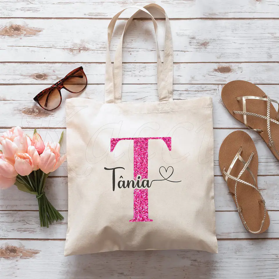 Saco Tote Bag Personalizado Inicial Glitter Rosa 4