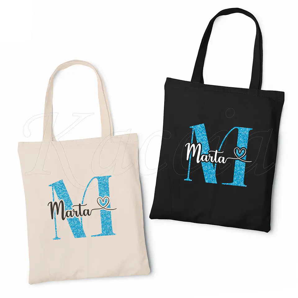Saco Tote Bag Personalizado Inicial Glitter Azul 1