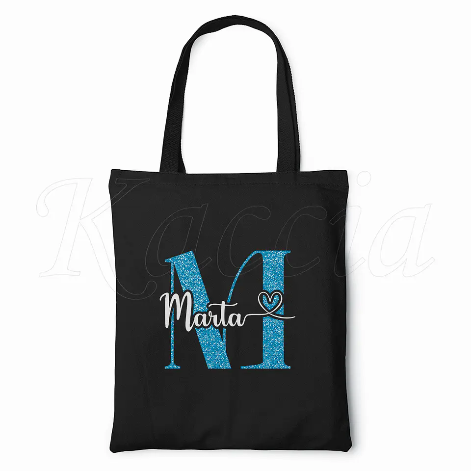Saco Tote Bag Personalizado Inicial Glitter Azul 3