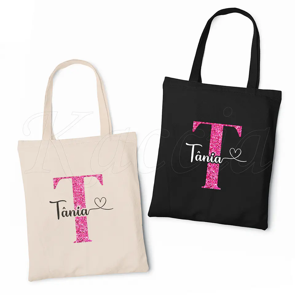 Saco Tote Bag Personalizado Inicial Glitter Rosa 1