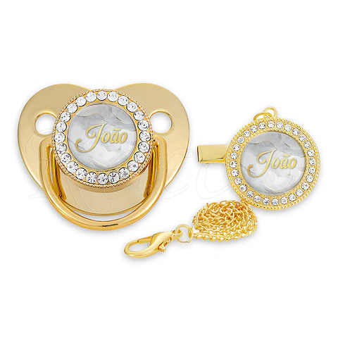 Chupeta Personalizada com Prendedor Strass Nome Mármore