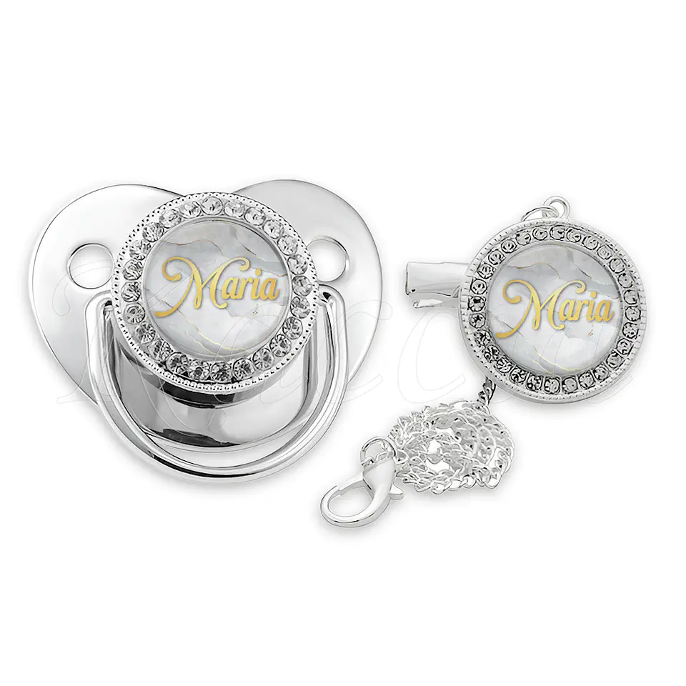 Chupeta Personalizada com Prendedor Strass Nome Mármore 3