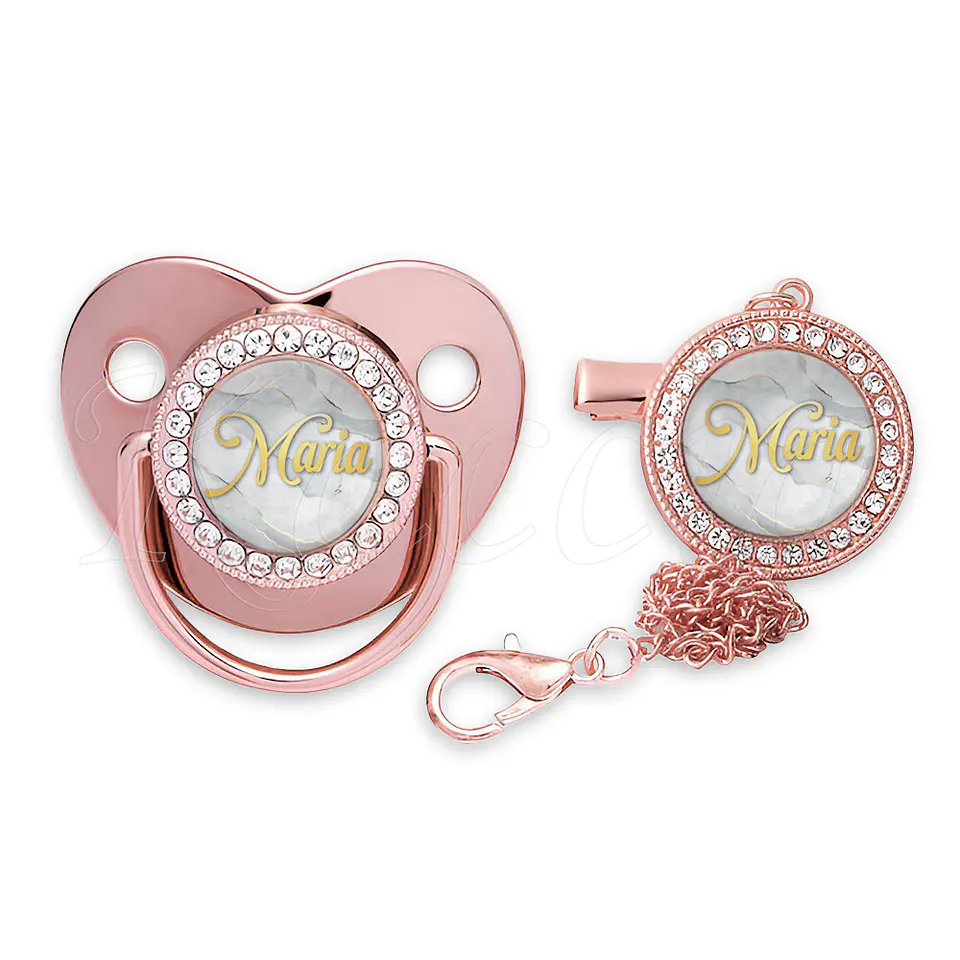 Chupeta Personalizada com Prendedor Strass Nome Mármore 4